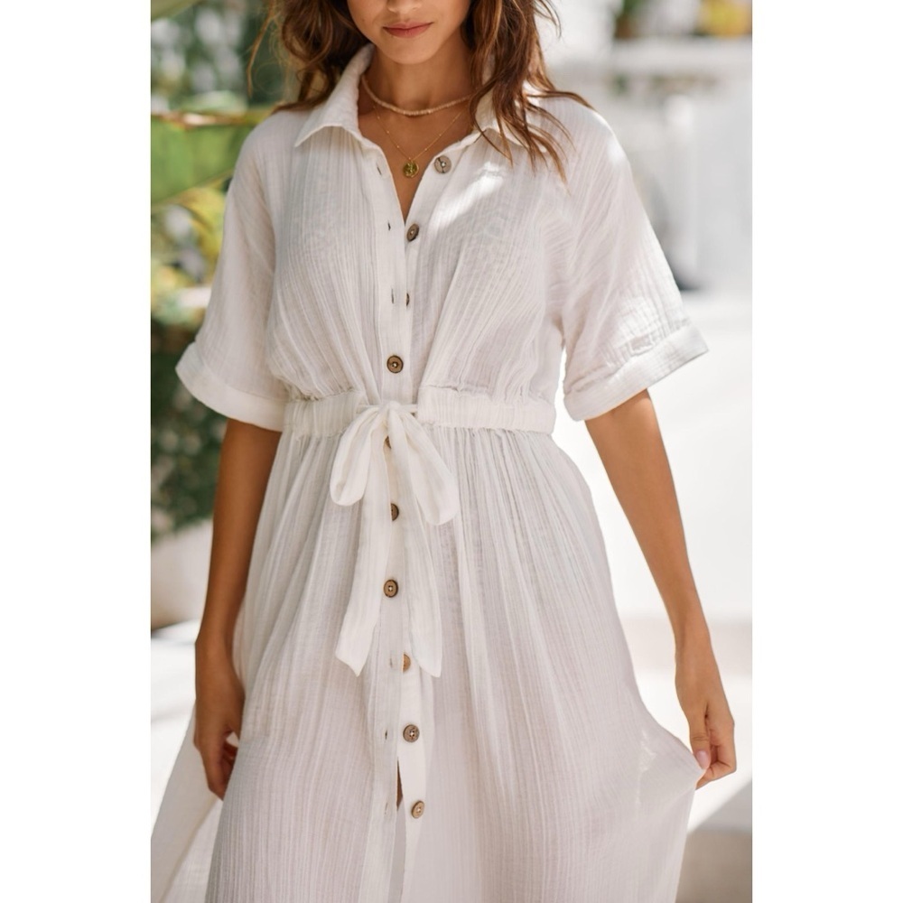 By Anthropologie Preppy Gauzy Cotton Shirt Dress Buttondown White